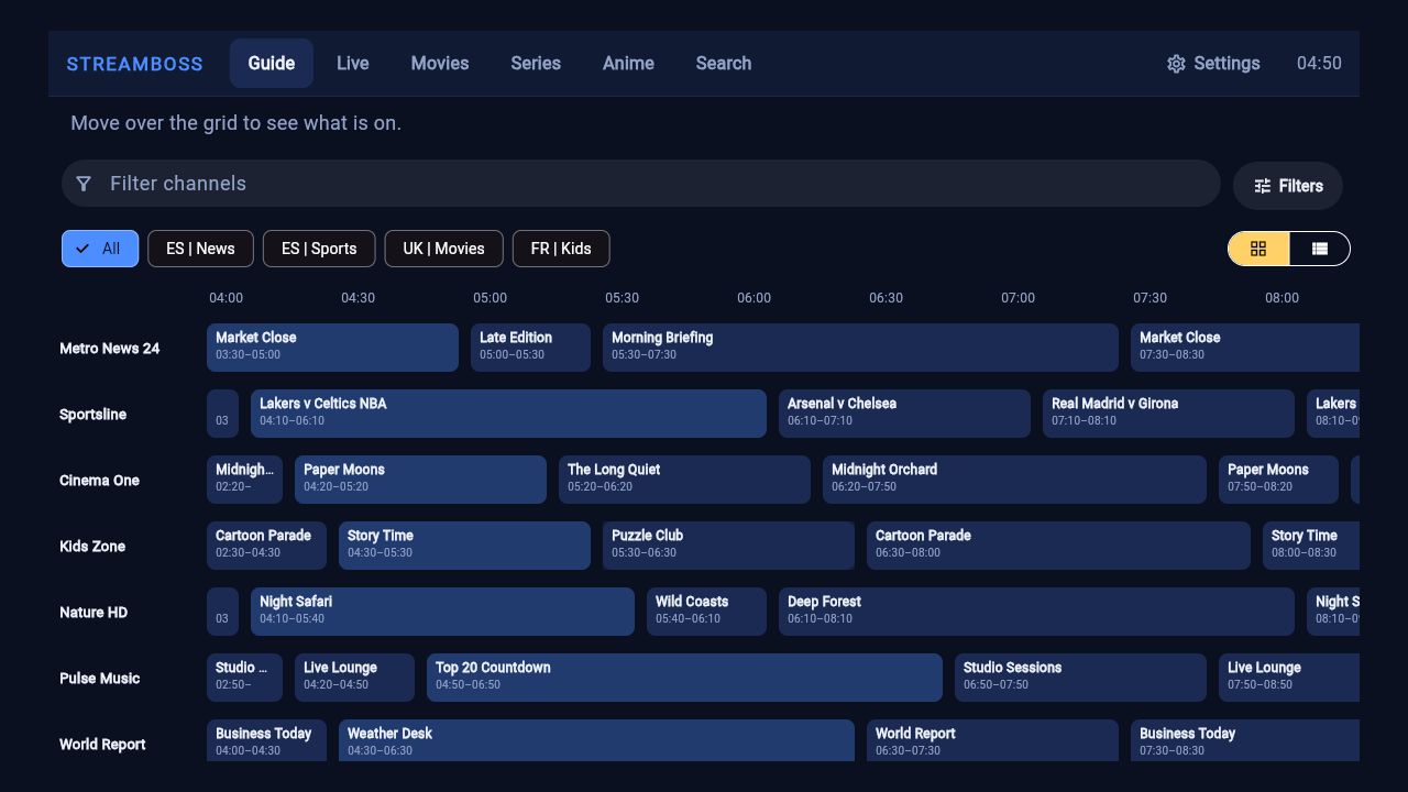 The Prime Time layout, a TV guide grid